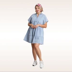 Umgee Ruffle Tiered Denim Dress with Frayed Hem Plus Sze